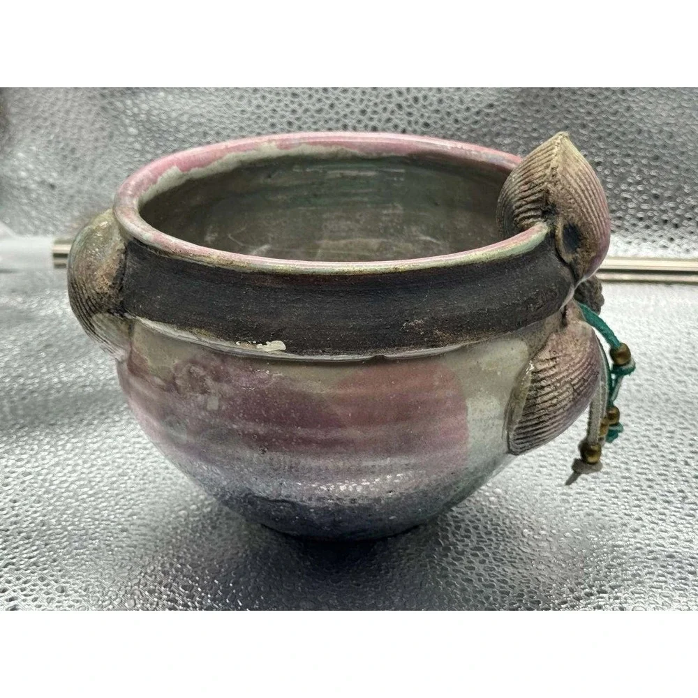Signed Studio Pottery Bowl‎ Small Pink Purple Iridescent Shell Accents Boho